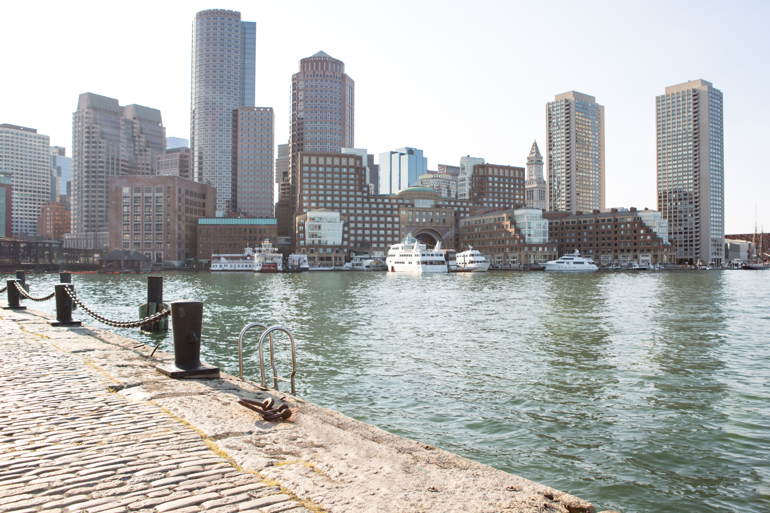 The Boston Harbor Hotel overlooks the waterfront of the Boston Seaport District.