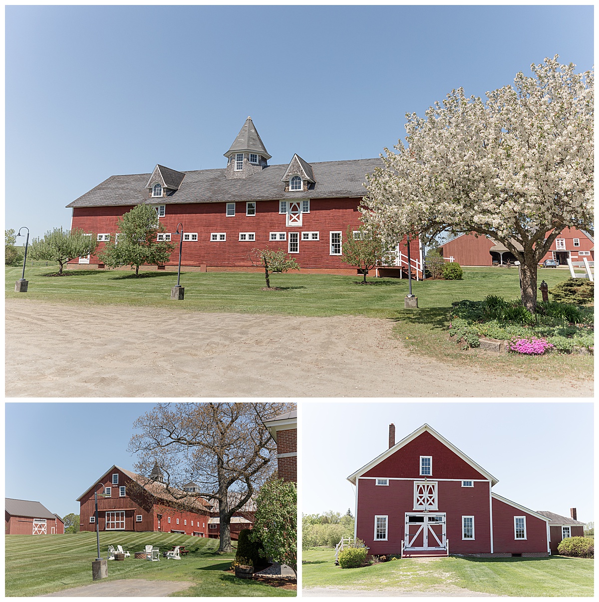 The Inn at Mountain View Farm in East Burke, Vermont is a quintessential New England farm featuring large red barns. 