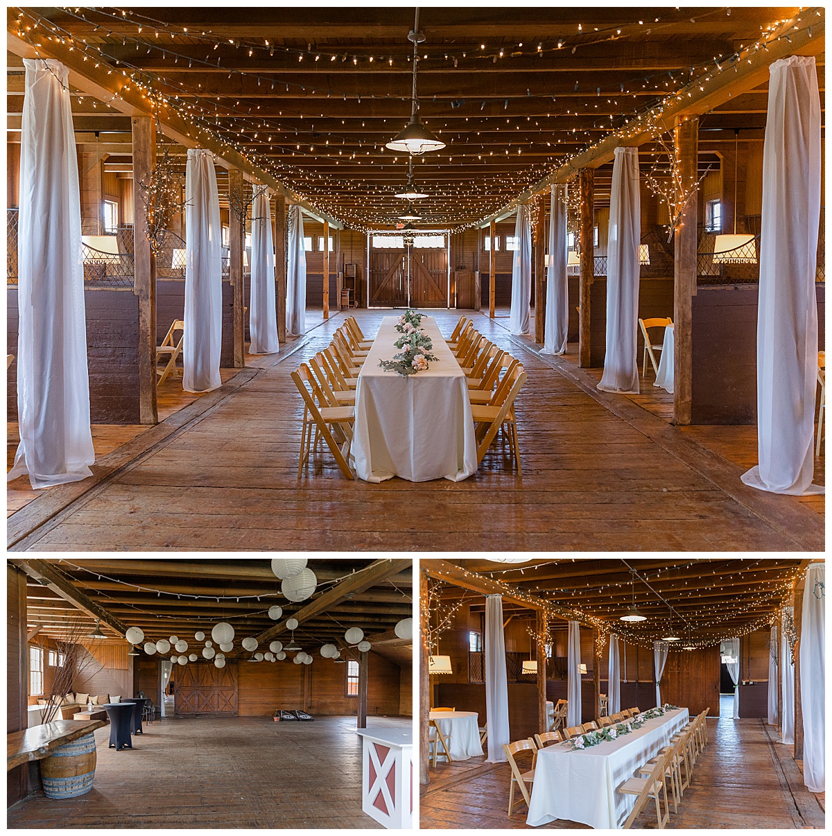 The reception space inside the restored barn at the Inn at Mountain View Farm in East Burke, Vermont offers a rustic charm to wedding celebrations.