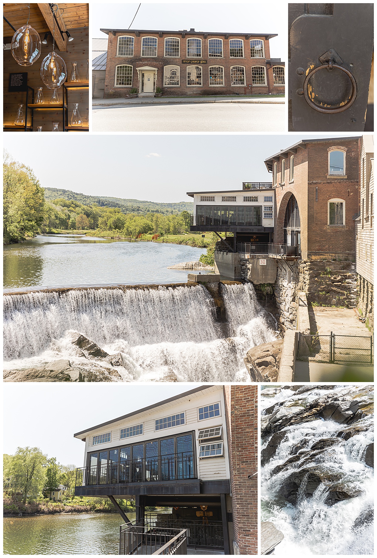 The Simon Pearce Loft in Quechee VT, is an industrial wedding venue, overlooking a waterfall and covered bridge. 
