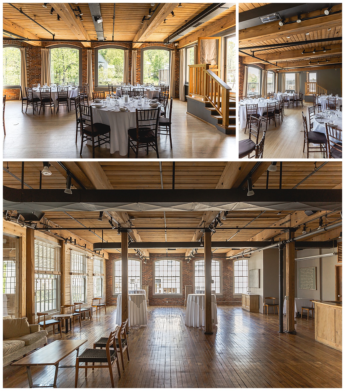 The Loft at Simon Pearce in Quechee Vermont features exposed beam ceilings and rustic brick walls, giving the space an industrious feel. 