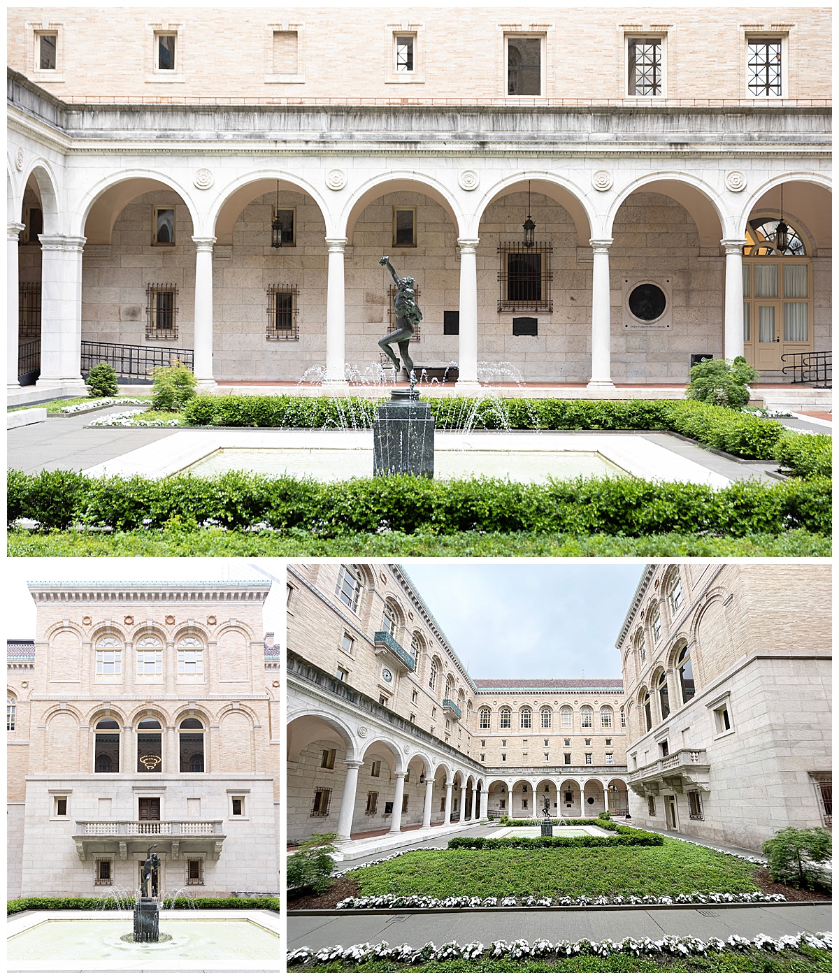 The Courtyard at the Boston Public Library is a popular ceremony location offering elegance and beauty amidst the striking architecture, lush gardens, and a beautiful water fountain. This outdoor space is able to accommodate up to 200 seated for a ceremony, 225 for a cocktail reception, and up to 60 seated for dinner.