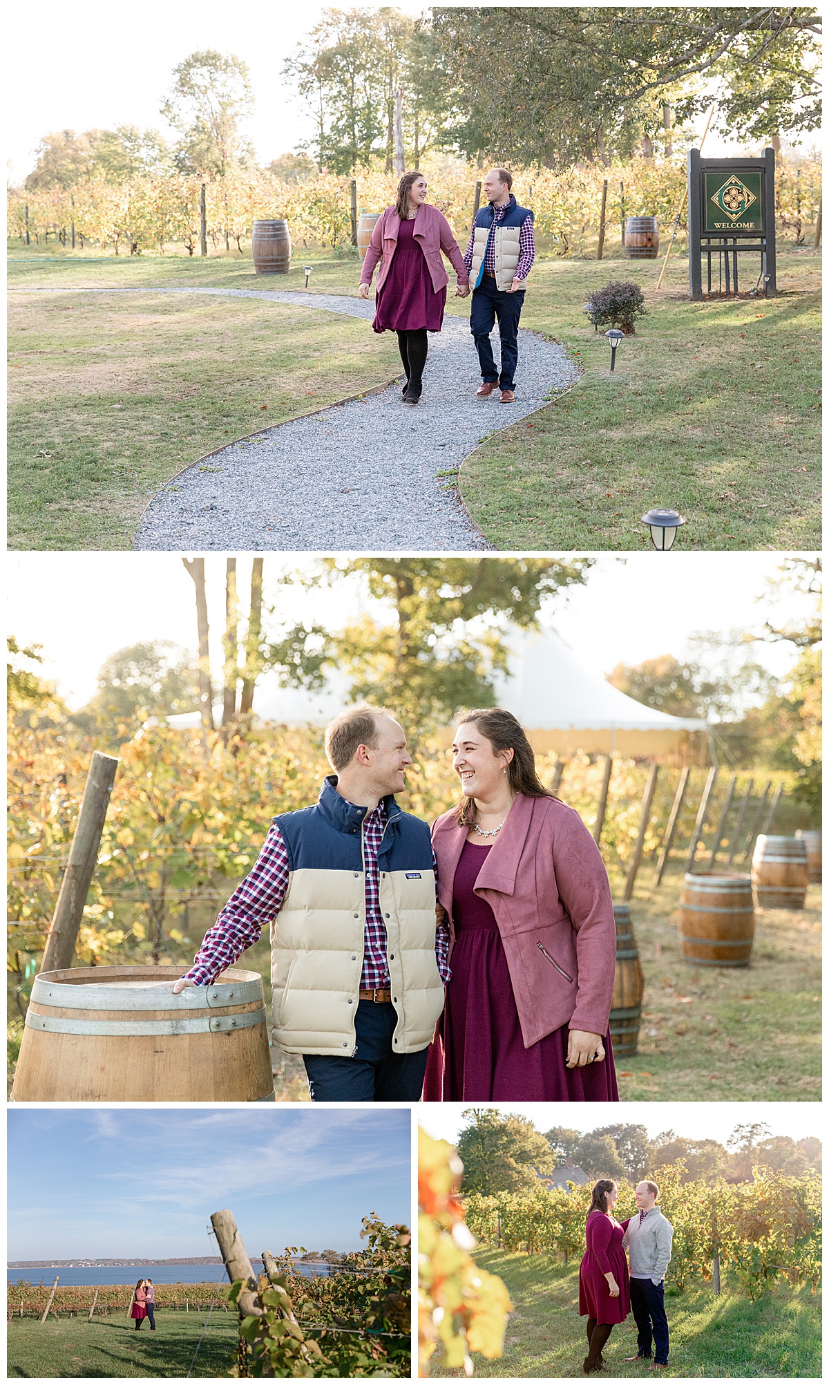 A couple takes fall engagement photos at Greenvale Vineyards in Portsmouth RI. 