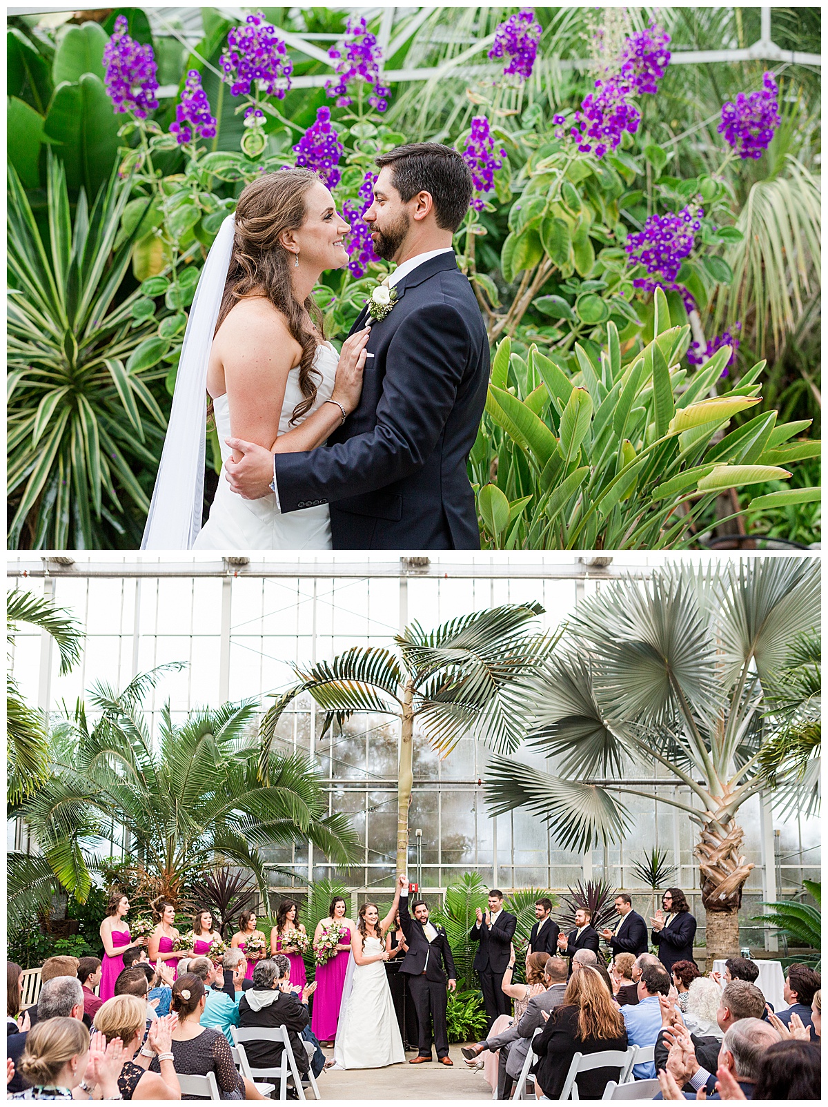 A bride and groom share a moment inside the lush gardens in the Roger Williams Botanical Center