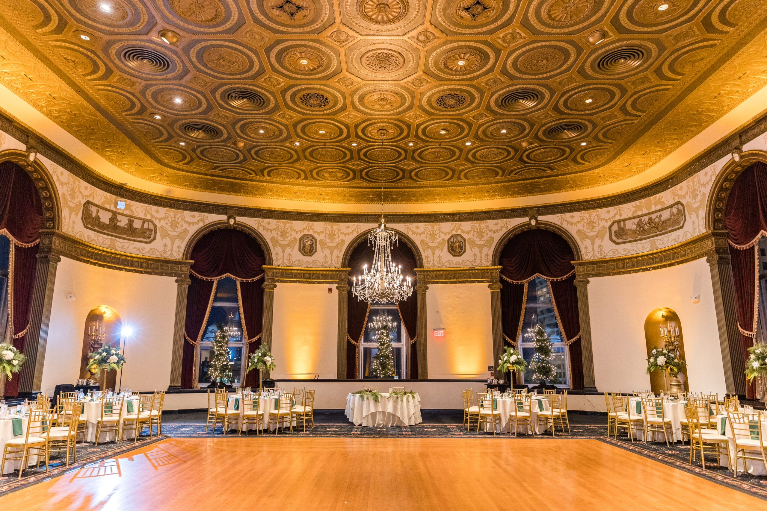 The Biltmore Ballroom at the Graduate Hotel in Providence is brilliantly decorated for a Winter Reception.