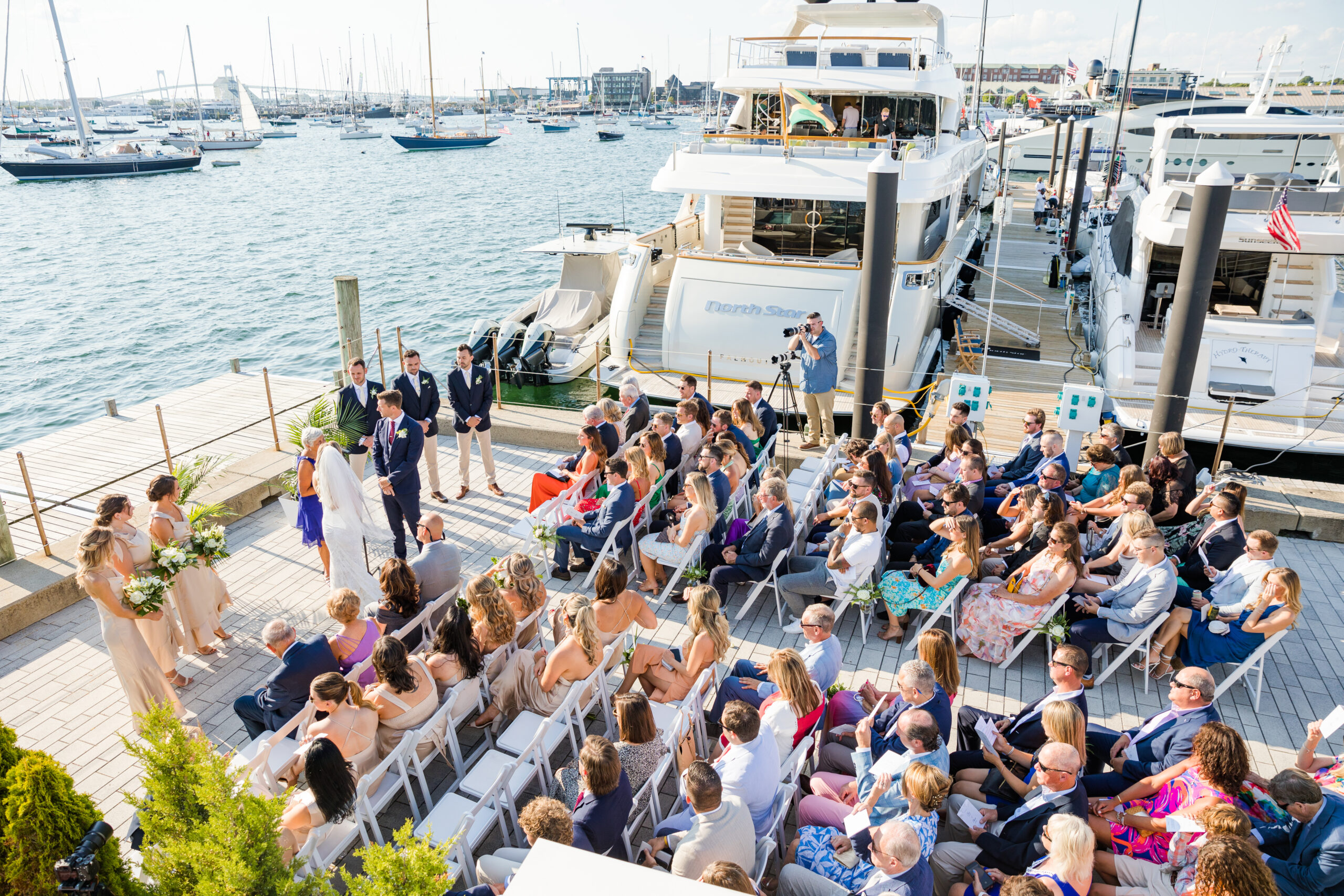The Ceremony site at the Bohlin in Newport, RI offers spectacular views of Newport Harbor.