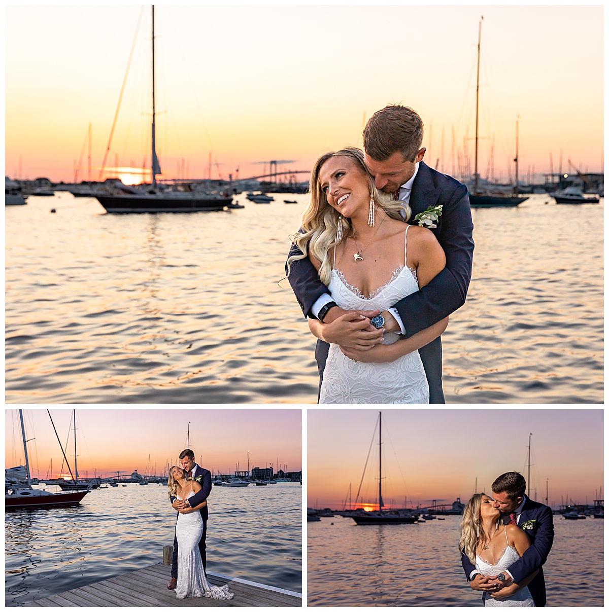 A bride and groom share an intimate moment together on the docks at the Bohlin, Newport. 