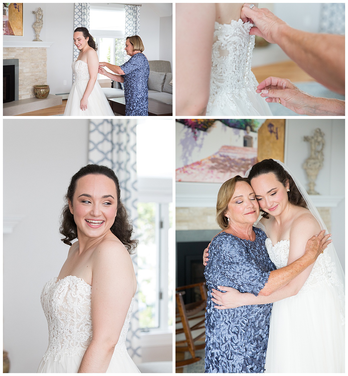 A bride is helped into her dress by her mom at this Rhode Island wedding. 