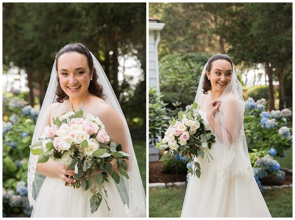 A bride smiles happily at her outdoor wedding in Rhode Island. 