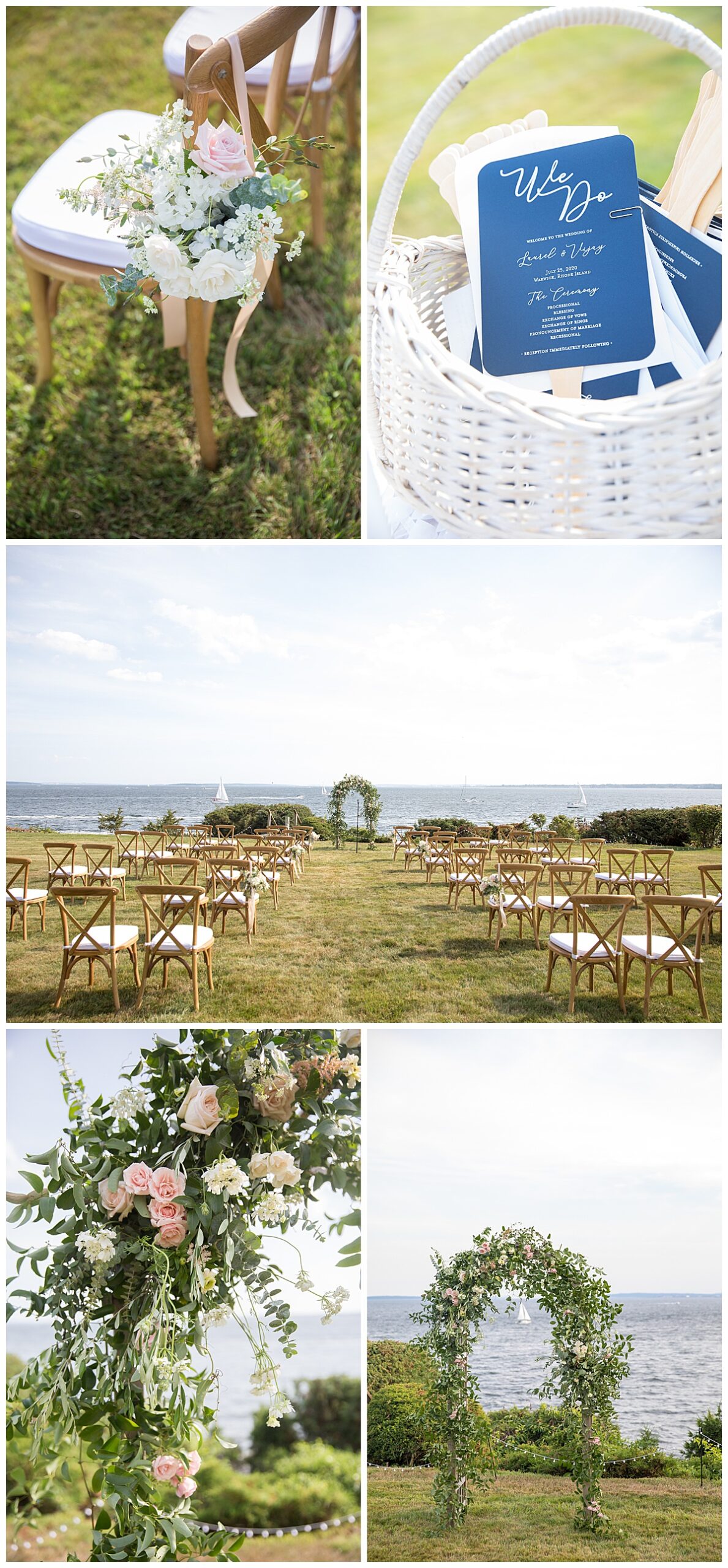 The Wedding Ceremony at this backyard wedding was set against the backdrop of Narraganset Bay. 