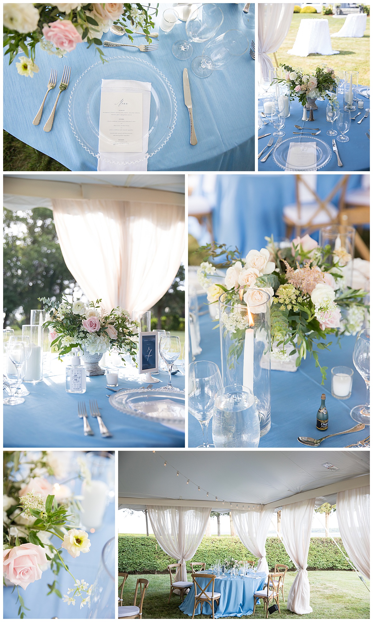 The blue decor and lush flowers enhanced the water front tent wedding in Warwick RI. 