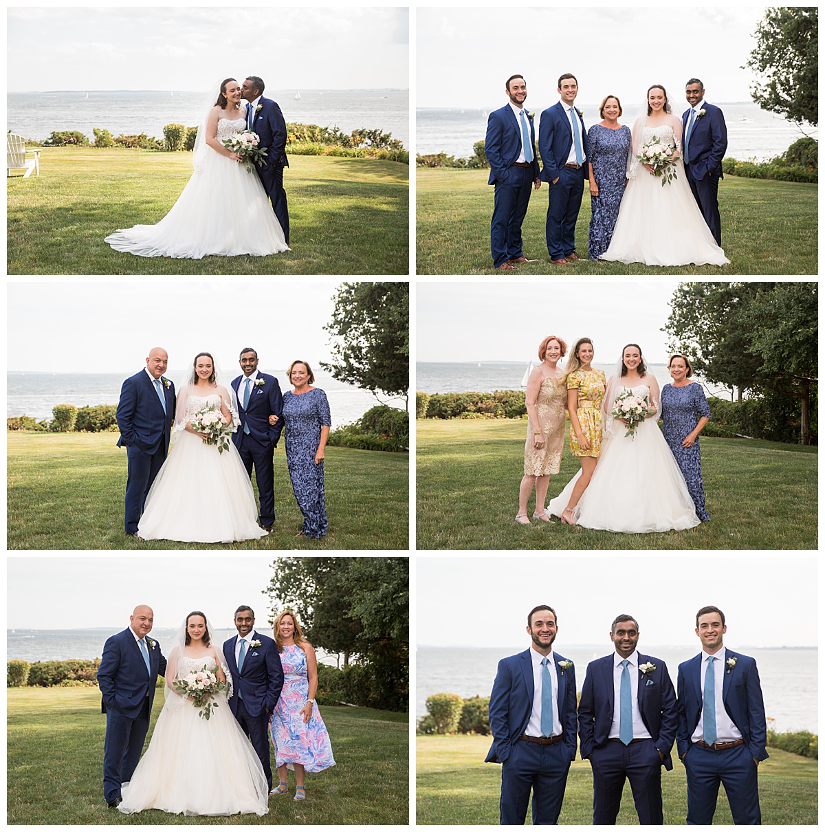 Family portraits are taken on the lawn overlooking the ocean at this Warwick RI Wedding.  