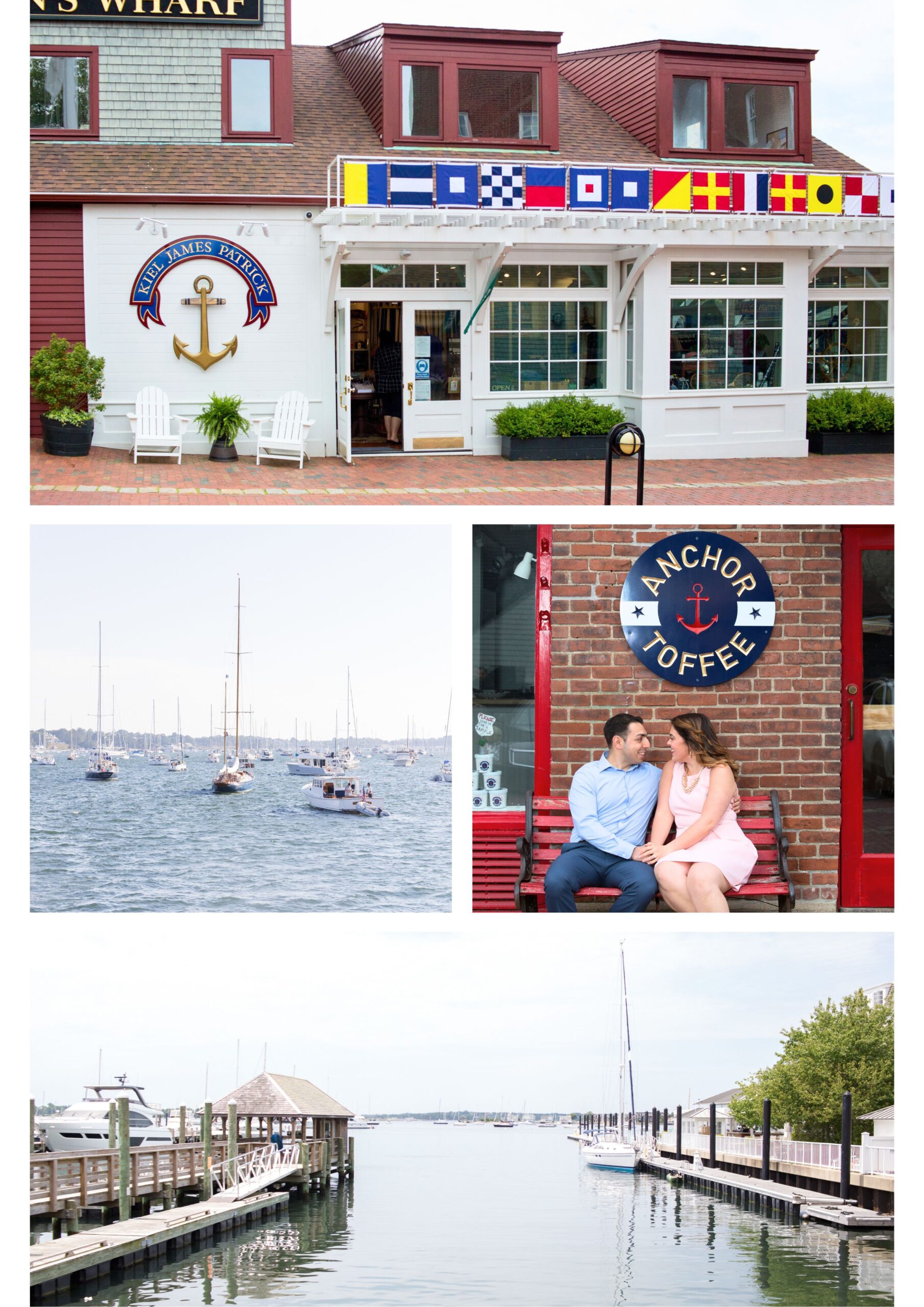 Images showcasing various portrait locations surrounding Bowens Wharf in Newport Rhode Island. 