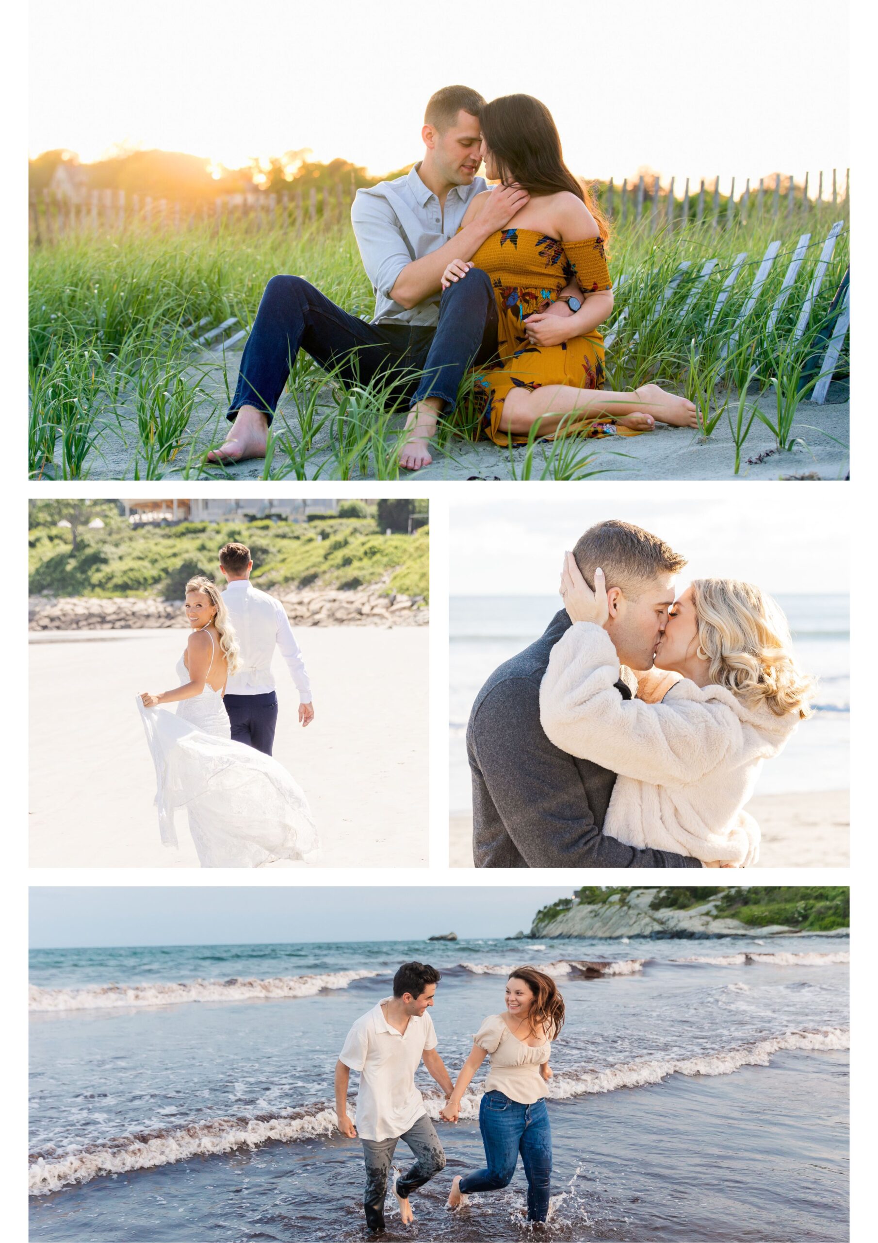 The collage of engaged couples showcase the beautiful setting of Newports First and Second Beach for engagement session 
