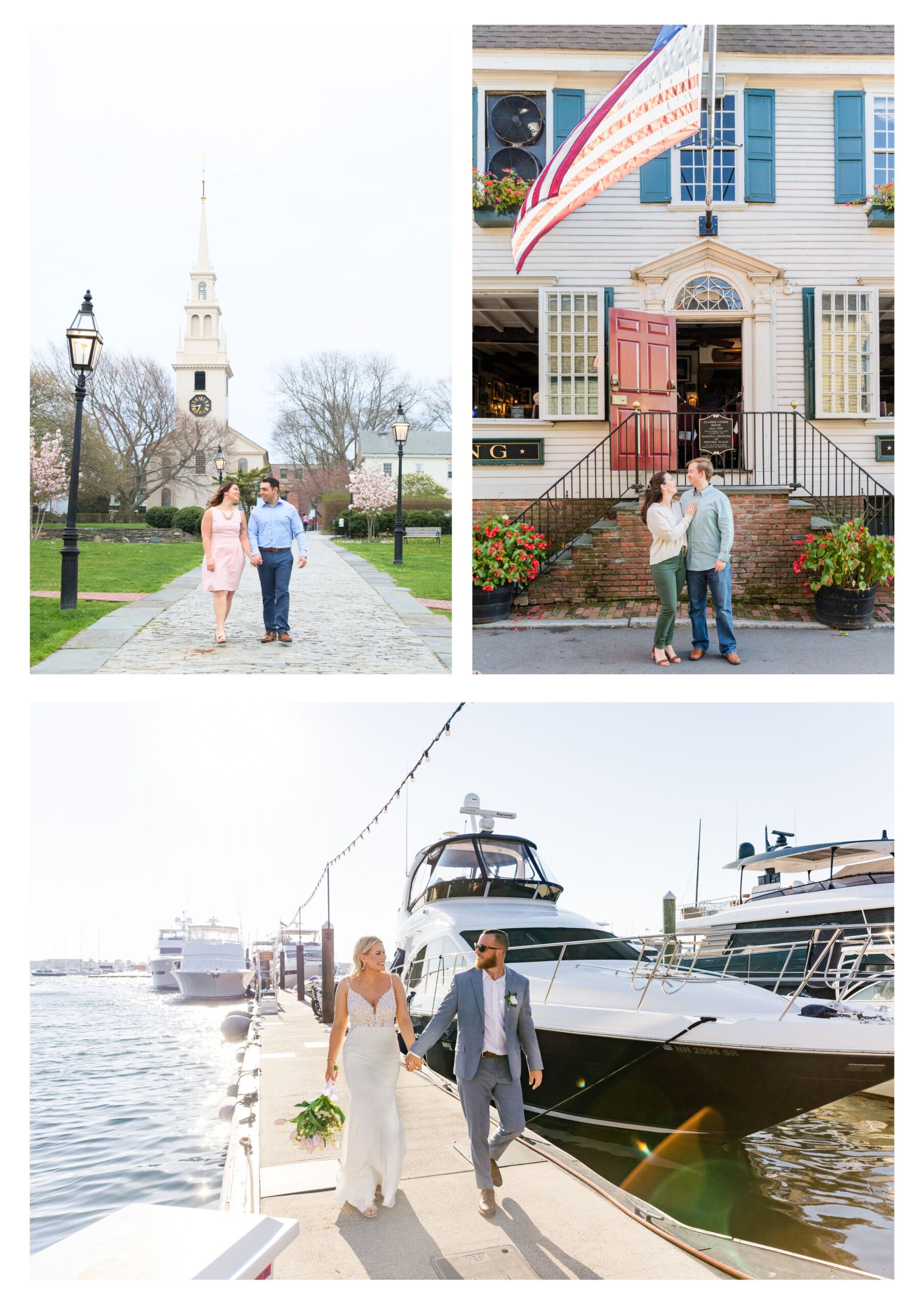 Couples pose in various portrait locations surrounding Bowens Wharf in Newport Rhode Island. 