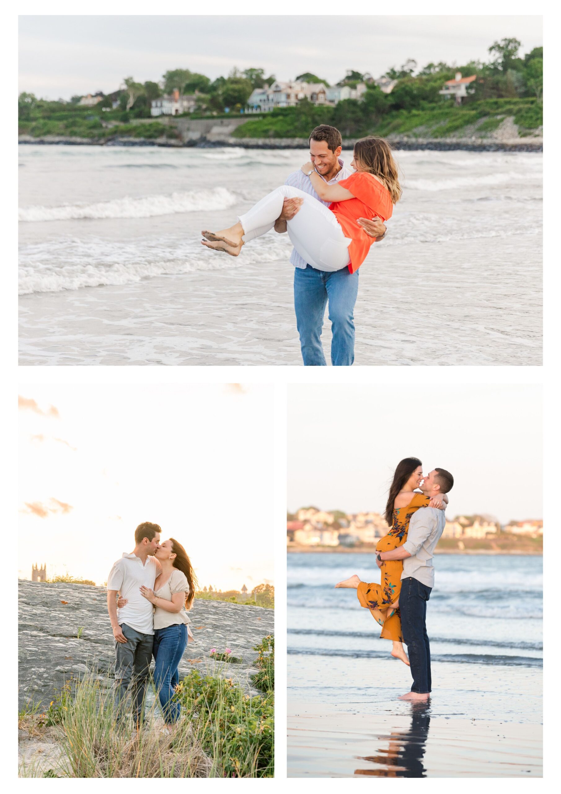 The collage of engaged couples showcase the beautiful setting of Newports First and Second Beach