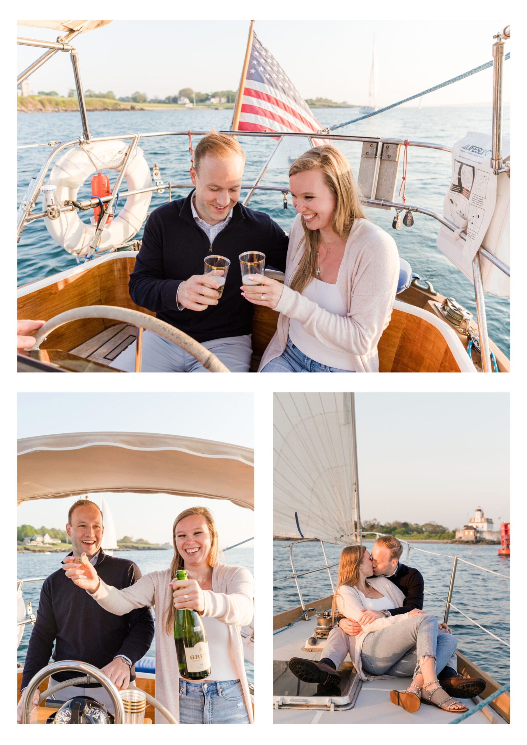 A happily engaged couple celebrate their engagement on a sailboat in Newport Rhode Island. 