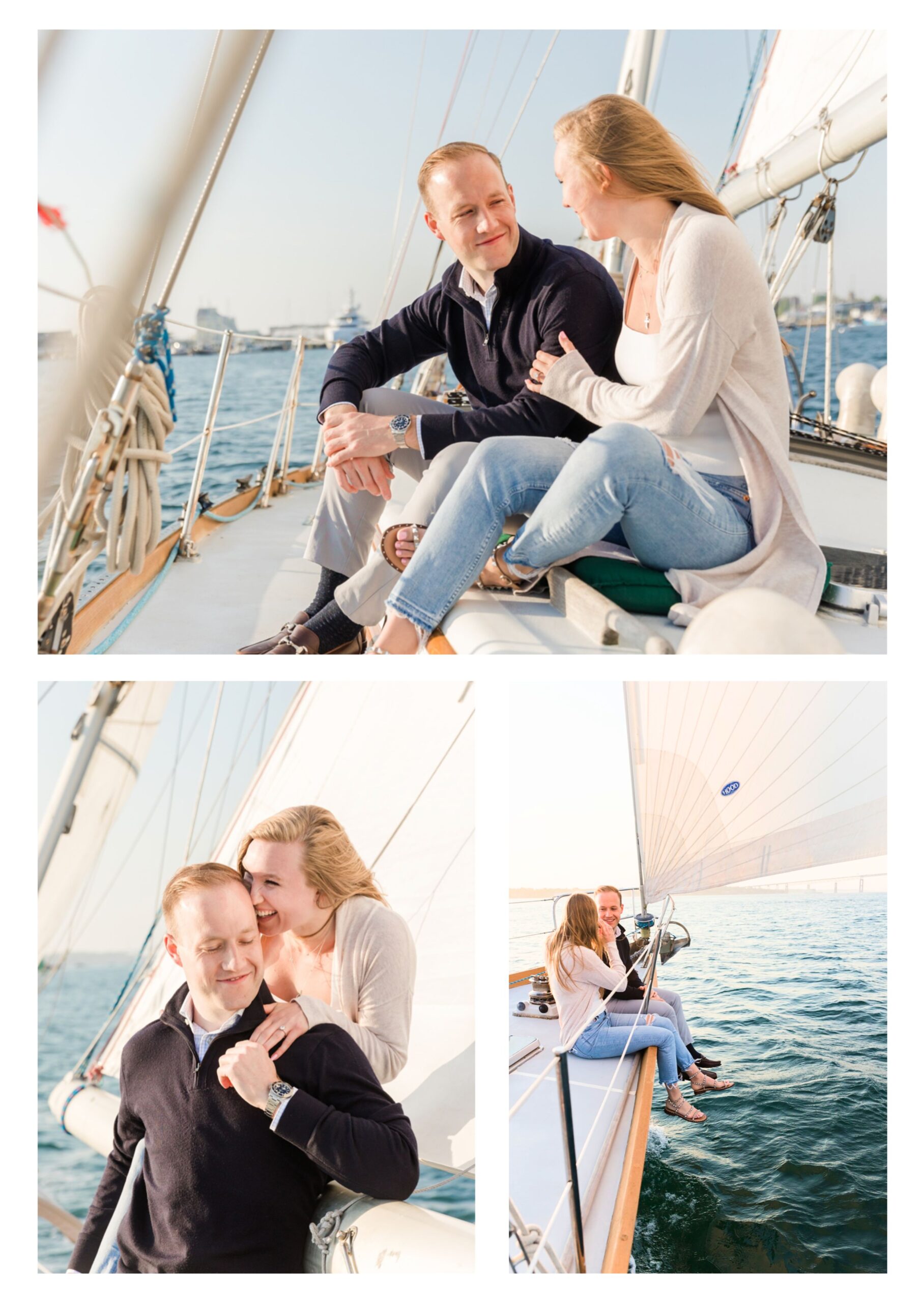  happily engaged couple celebrate their engagement on a sailboat in Newport Rhode Island. 