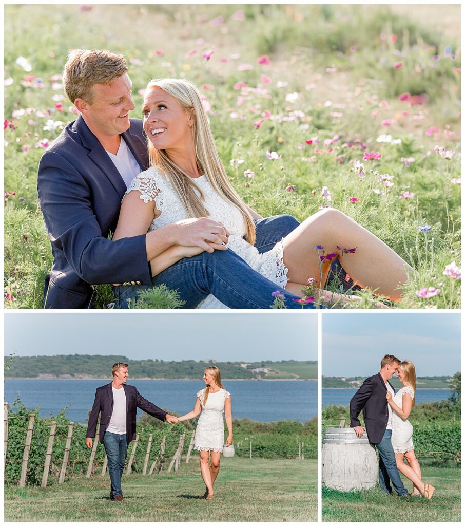 Couple celebrates engagement in the vineyards of Greenvale Vineyards in Portsmouth Rhode Island.